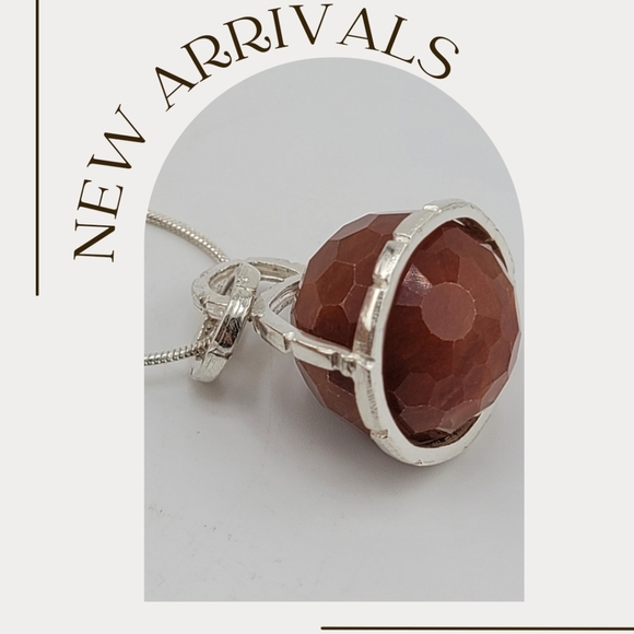 SPHERE CARNELIAN PENDANT IN STERLING SILVER METAL SNAKE CHAIN APPROX 18" - Picture 1 of 9